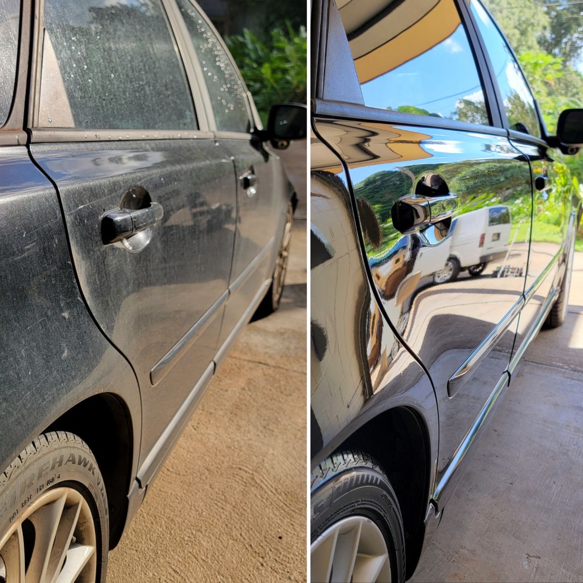 Side-by-side view of a dusty vehicle and a clean, glossy finish